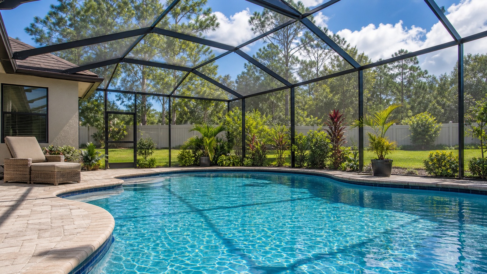 Screened Central Florida backyard pool at golden hour.